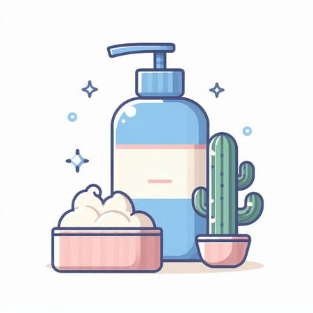 Hand sanitizer bottle, soap and cactus. Vector illustration.のイラスト素材
