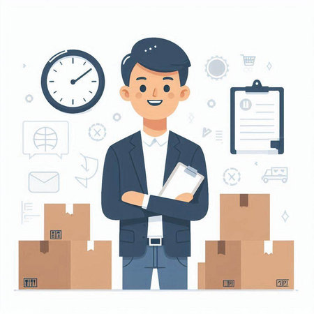 Vector illustration of a young man in a business suit standing next to cardboard boxes and a checklist.のイラスト素材