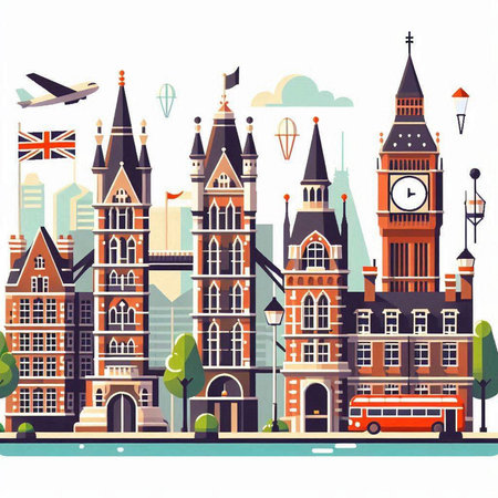 London cityscape, vector illustration in flat design style. Cityscape with famous buildings.のイラスト素材