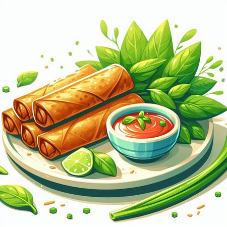 Crispy spring rolls with tomato sauce and herbs. Vector illustration.のイラスト素材