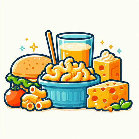 Vector illustration of a plate with macaroni, cheese and glass of fresh juiceのイラスト素材