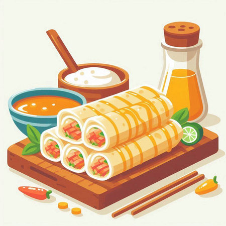 Illustration of spring rolls on wooden board with ingredients and sauce.のイラスト素材