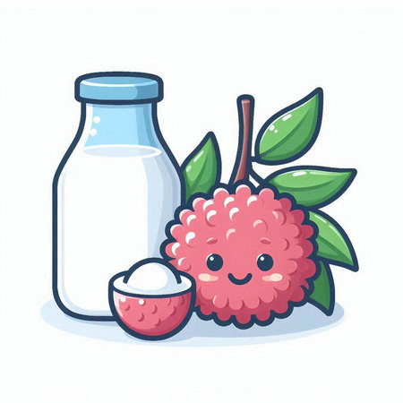 Lychee fruit and milk bottle vector illustration in cartoon style.のイラスト素材