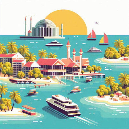 island in flat style with palm trees and boats, vector illustrationのイラスト素材