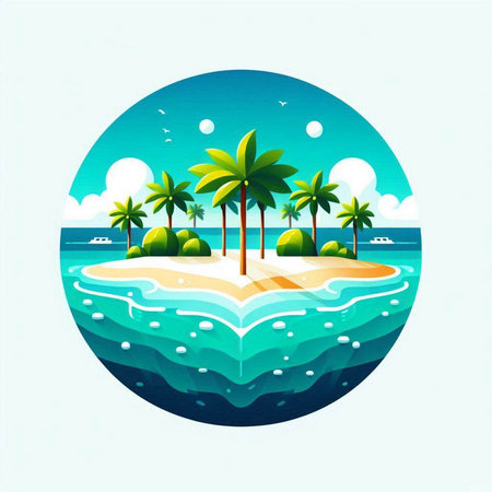 Tropical island with palm trees and turquoise water. Vector illustration.のイラスト素材