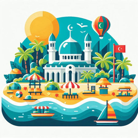 Flat design illustration of mosque on the beach with palm trees and sea.のイラスト素材