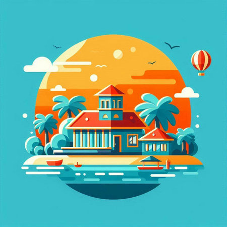 Vector illustration of a flat design of a tropical island with palm trees and a houseのイラスト素材