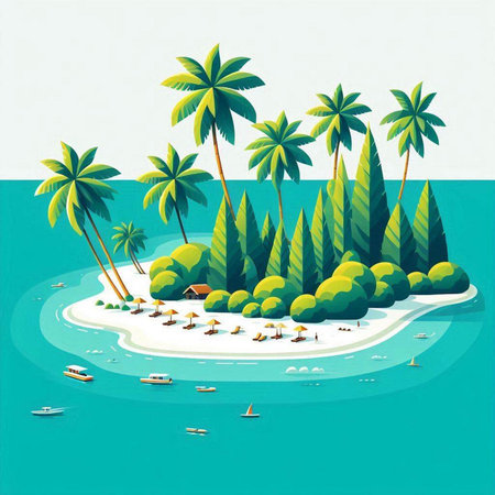 tropical island with palm trees and boats, vector illustration eps10のイラスト素材