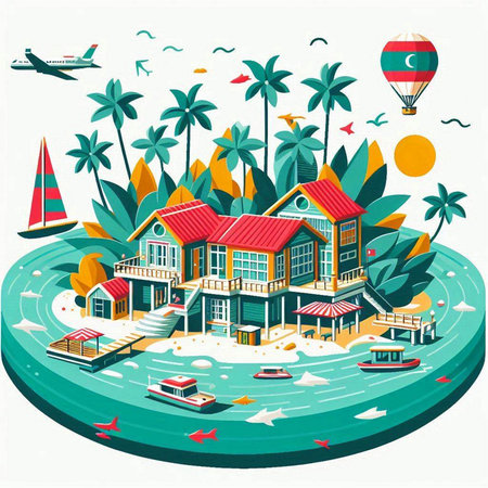 Tropical island with palm trees, bungalows and boats. Vector illustrationのイラスト素材
