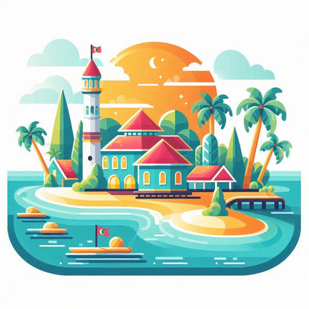 Tropical island with mosque, palm trees and sea. Vector illustrationのイラスト素材
