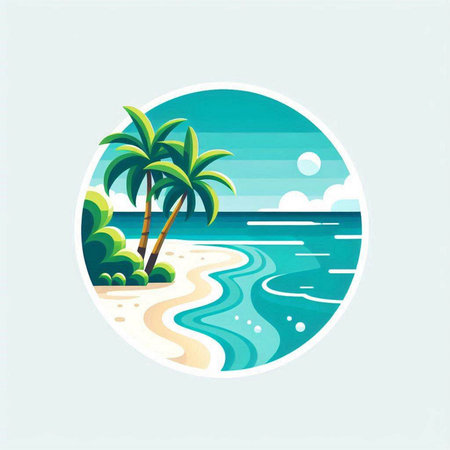 Summer beach round icon. Vector illustration of a tropical beach with palm trees and sand.のイラスト素材