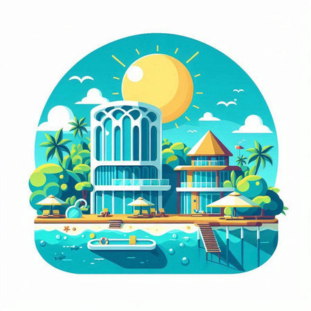 Vector illustration of tropical island with palm trees and bungalows in flat styleのイラスト素材