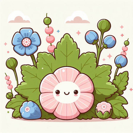 Illustration of Cute Cute Pink Hedgehog with Flowers and Leavesのイラスト素材