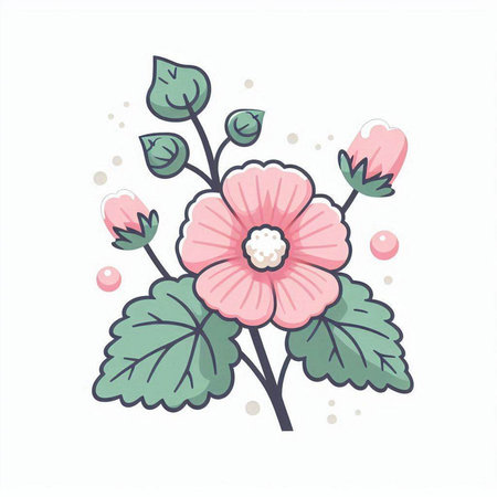 Illustration of a pink flower with green leaves on a white backgroundのイラスト素材