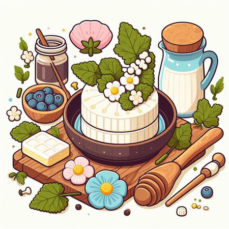 Vector illustration of a healthy breakfast, cottage cheese with strawberries, blueberries, daisies and honey.のイラスト素材