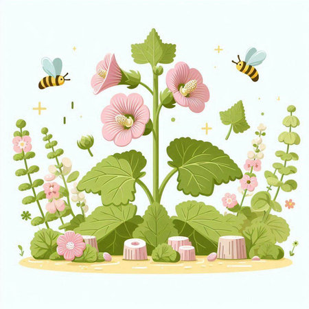 Hollyhock plant with flowers and bees. Vector illustration.のイラスト素材
