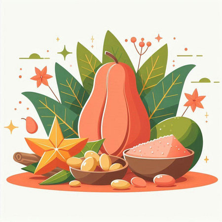 Papaya fruits, papaya powder and star fruit. vector illustrationのイラスト素材