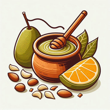 Vector illustration of honey in bowl with spoon, avocado, lime and nutsのイラスト素材