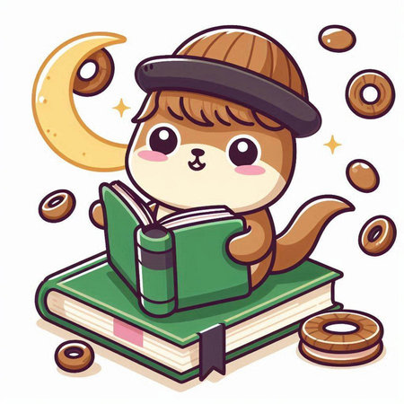 Cute cartoon squirrel reading a book. Vector illustration isolated on white background.のイラスト素材