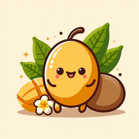 Cute cartoon character of fresh mango fruit with leaves and flower.のイラスト素材