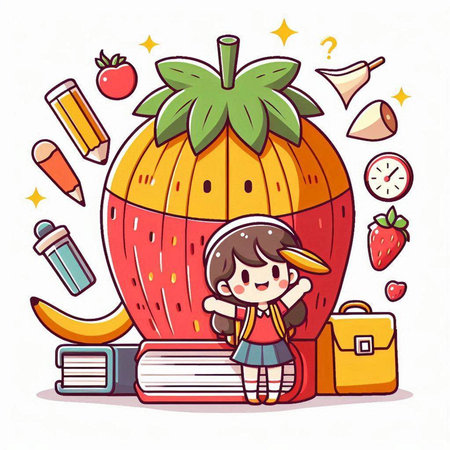 Vector illustration of a cute little girl sitting on a stack of books next to a pumpkin.のイラスト素材