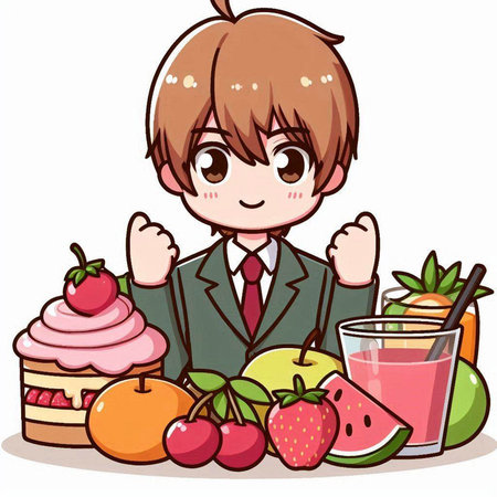 boy in a business suit with fruits and juice isolated on a white backgroundのイラスト素材
