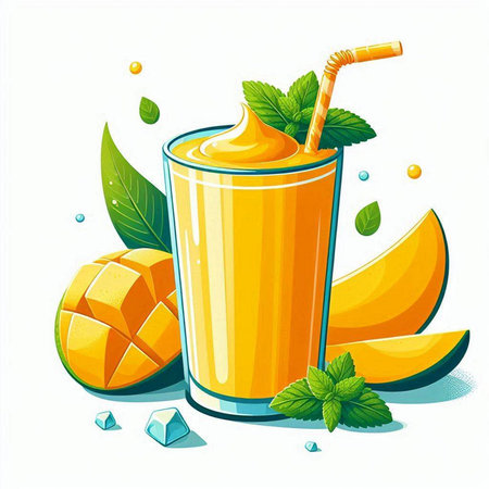 Mango smoothie with fresh mango and mint leaves. Vector illustration.のイラスト素材