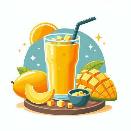 Mango juice in a glass with a straw. Vector illustration.のイラスト素材