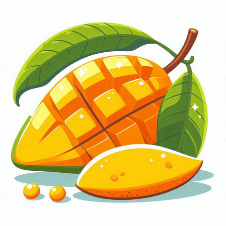 Mango fruit with leaves isolated on white background. Vector illustration.のイラスト素材