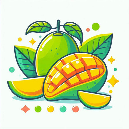 Mango fruit with slices and leaves isolated on white background. Vector illustration.のイラスト素材