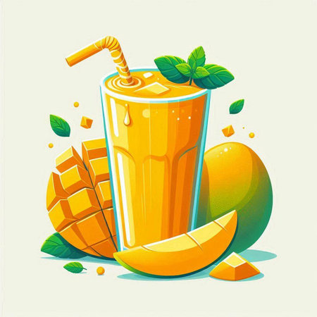 Mango smoothie in a glass with a straw and slices of mango. Vector illustration.のイラスト素材