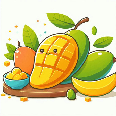 Mango fruit with mango slices and mango slices. Vector illustration.のイラスト素材