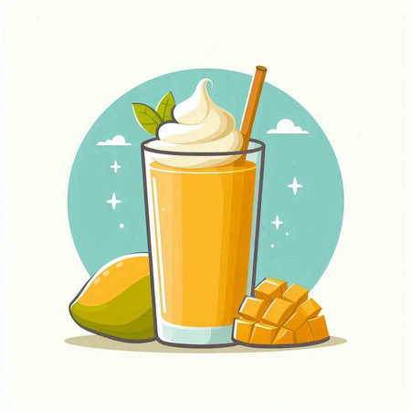 Mango smoothie with whipped cream in glass and fresh mango slices. Vector illustration.のイラスト素材