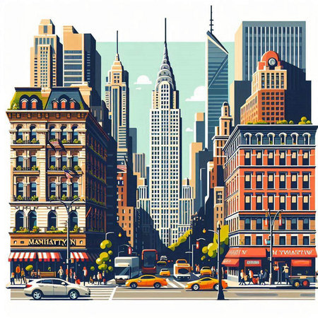 New York City street with skyscrapers and cars, vector illustrationのイラスト素材