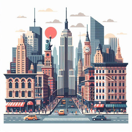 New York city street with skyscrapers and buildings. Vector illustrationのイラスト素材