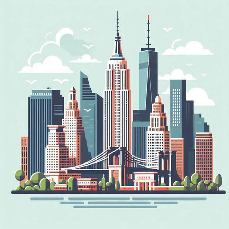 New York City skyline with skyscrapers and bridge, vector illustrationのイラスト素材