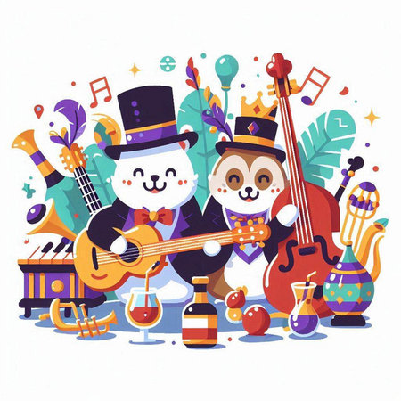 Cute cats with musical instruments. Vector illustration in cartoon style.のイラスト素材