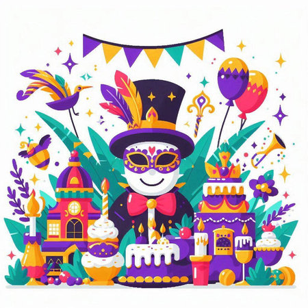 Mardi Gras party vector illustration. Cute carnival mask with cake, balloons, confettii gras hati gras garland and confetti.のイラスト素材