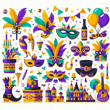 Mardi Gras carnival party flat icons set isolated vector illustrationのイラスト素材