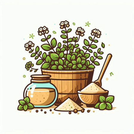 Herbs and spices. Herbs in a wooden bowl. Vector illustration.のイラスト素材