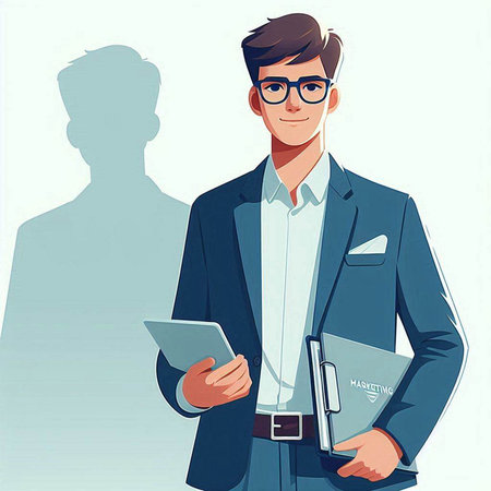 Vector illustration of a young man in a business suit and glasses with a folder in his hands.のイラスト素材