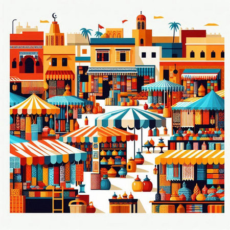 Colorful street market in Marrakesh, Morocco. Vector illustrationのイラスト素材