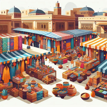 Colorful islamic market stall with souvenirs. Vector illustrationのイラスト素材