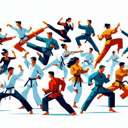 Taekwondo vector illustration. Group of people in kimono practicing martial arts.のイラスト素材