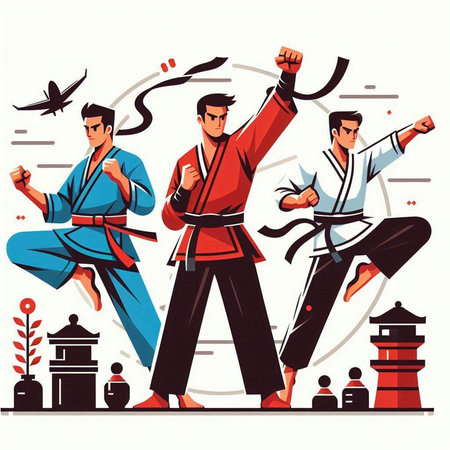 Tae Kwon Do Fighters in kimono. Vector illustrationのイラスト素材