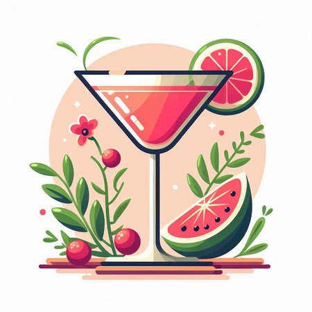 Cocktail with lime, watermelon and berries. Vector illustration.のイラスト素材