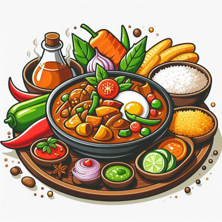 Illustration of a bowl of hot and spicy curry with various spicesのイラスト素材