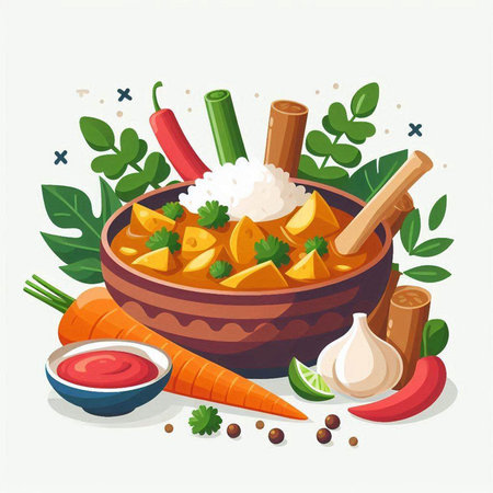Vector illustration of Indian curry with rice, vegetables and spices in bowl.のイラスト素材