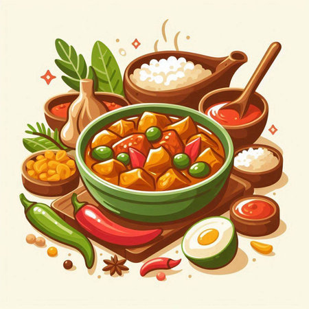 Illustration of Indian curry in bowl with ingredients. Vector illustration.のイラスト素材