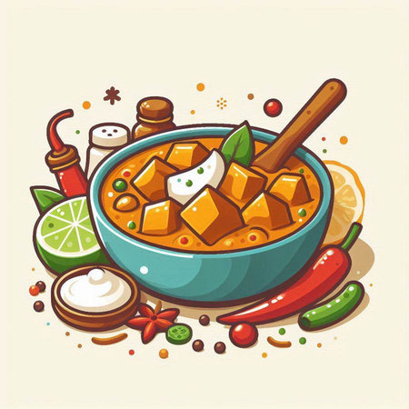 Illustration of a bowl of spicy tikka masala with spicesのイラスト素材